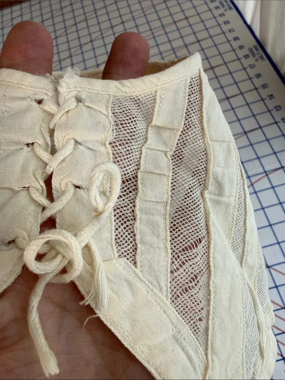 Antique c1900 Infant Baby Bonnet Cap Cotton Net Lace-Up Heirloom Sewing Study